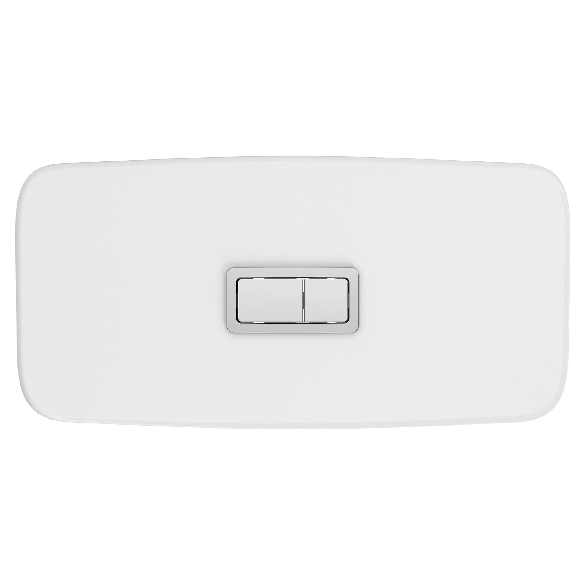White rectangular toilet tank cover with dual flush buttons in chrome finish.