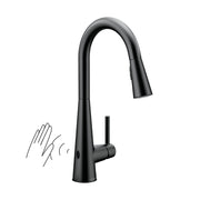 Matte black high arc kitchen faucet with pulldown sprayer and motion sensor activation shown with hand gesture.