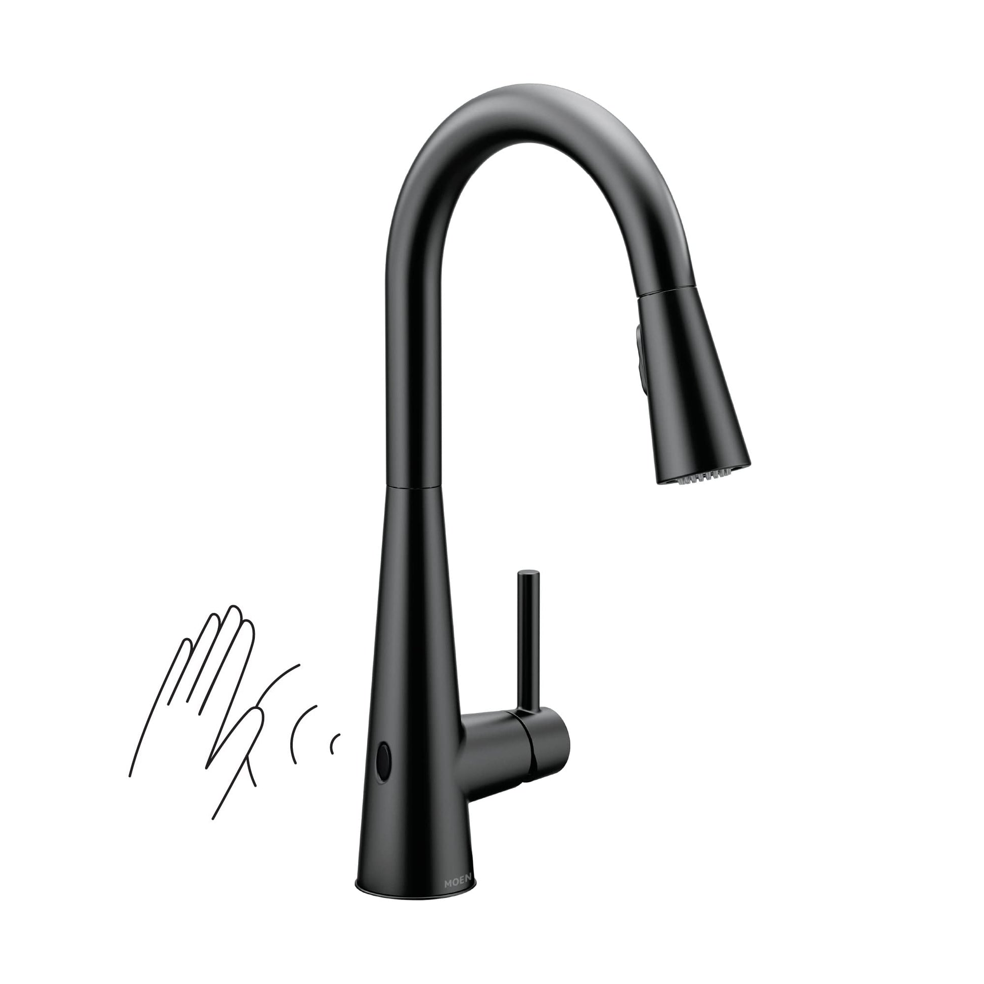 Matte black high arc kitchen faucet with pulldown sprayer and motion sensor activation shown with hand gesture.