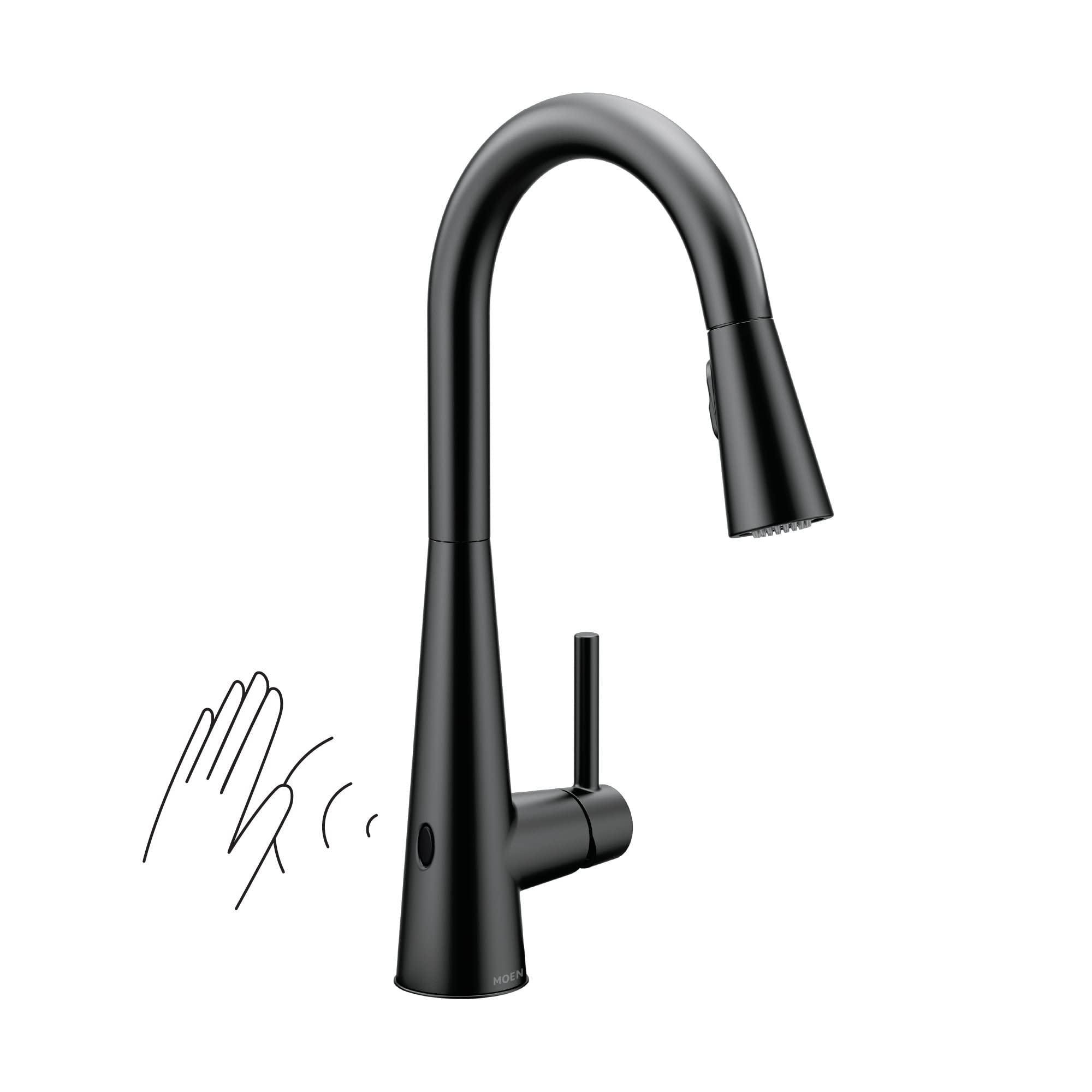 Matte black high arc kitchen faucet with pulldown sprayer and motion sensor activation shown with hand gesture.