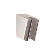 Polished nickel handshower holder with curved cradle mount and angular bracket design.