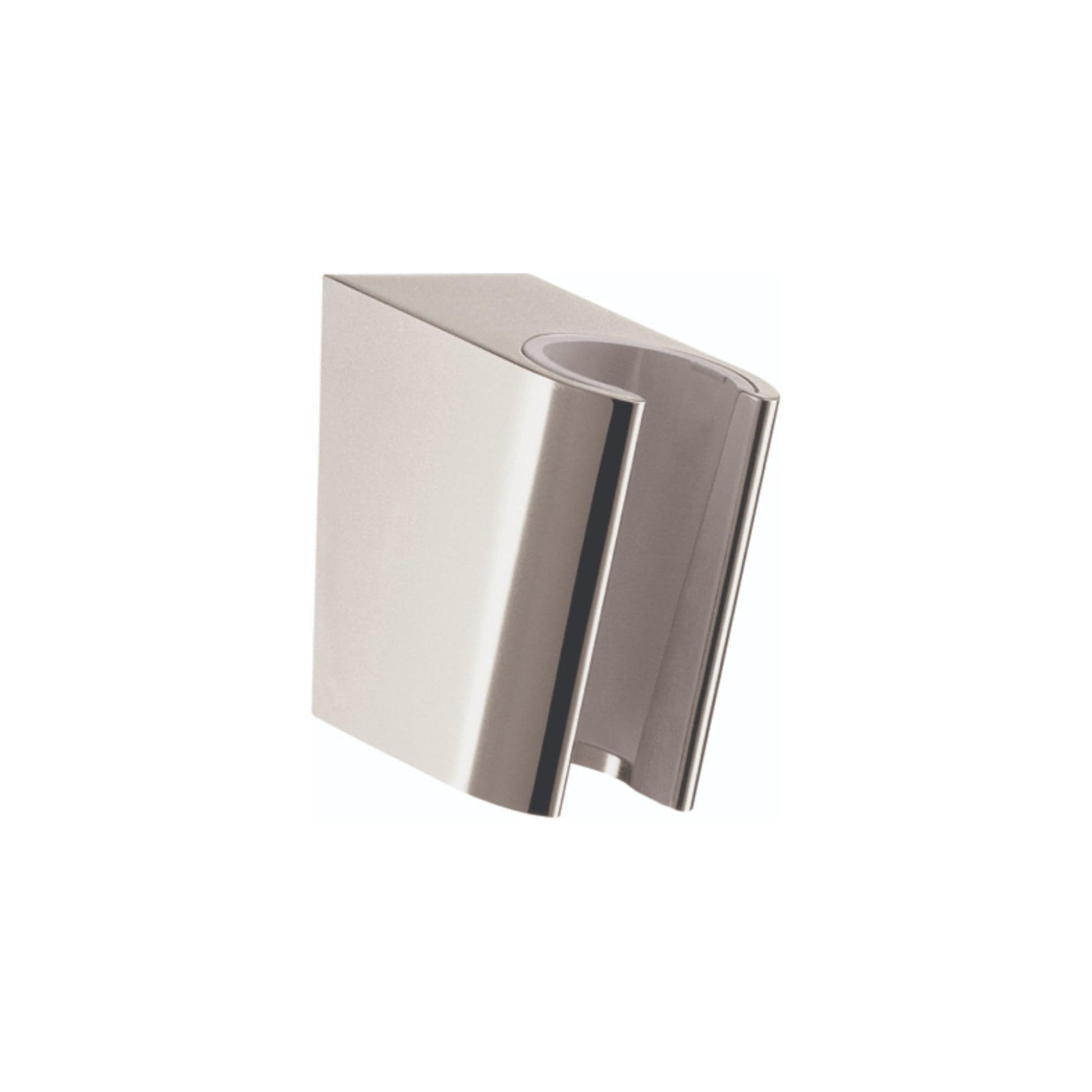 Polished nickel handshower holder with curved cradle mount and angular bracket design.