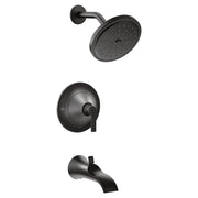 Matte black shower trim kit with round showerhead, lever valve, and curved tub spout.