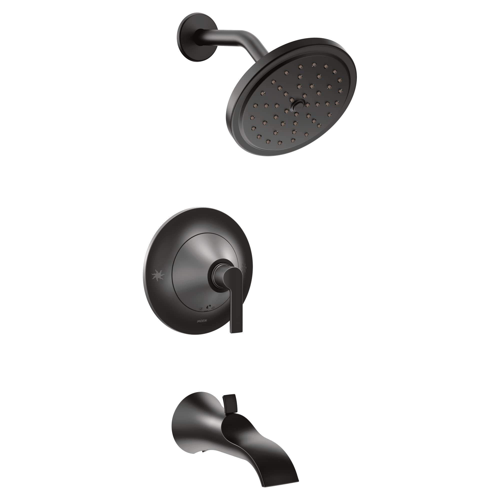 Matte black shower trim kit with round showerhead, lever valve, and curved tub spout.