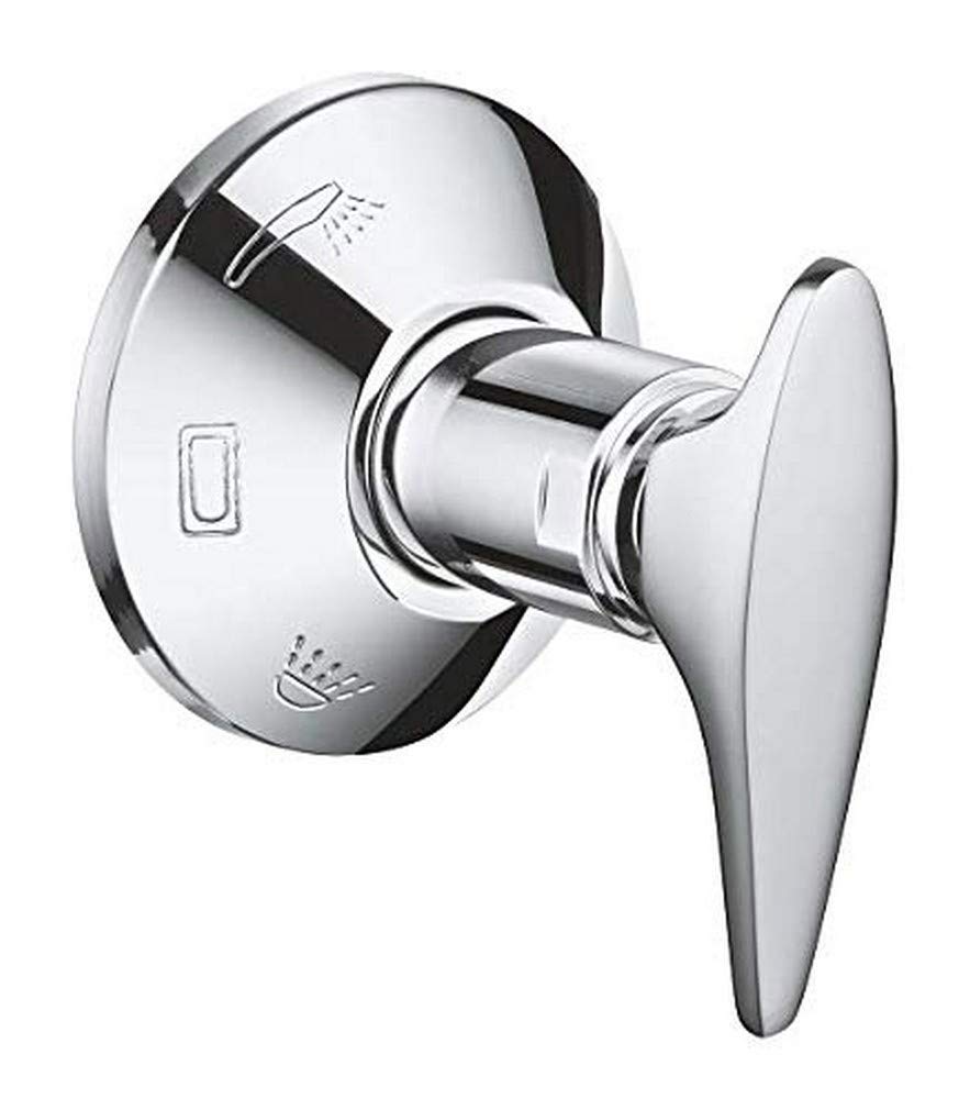 Chrome reversing lever with circular flange and handle for shower or bath valve control.