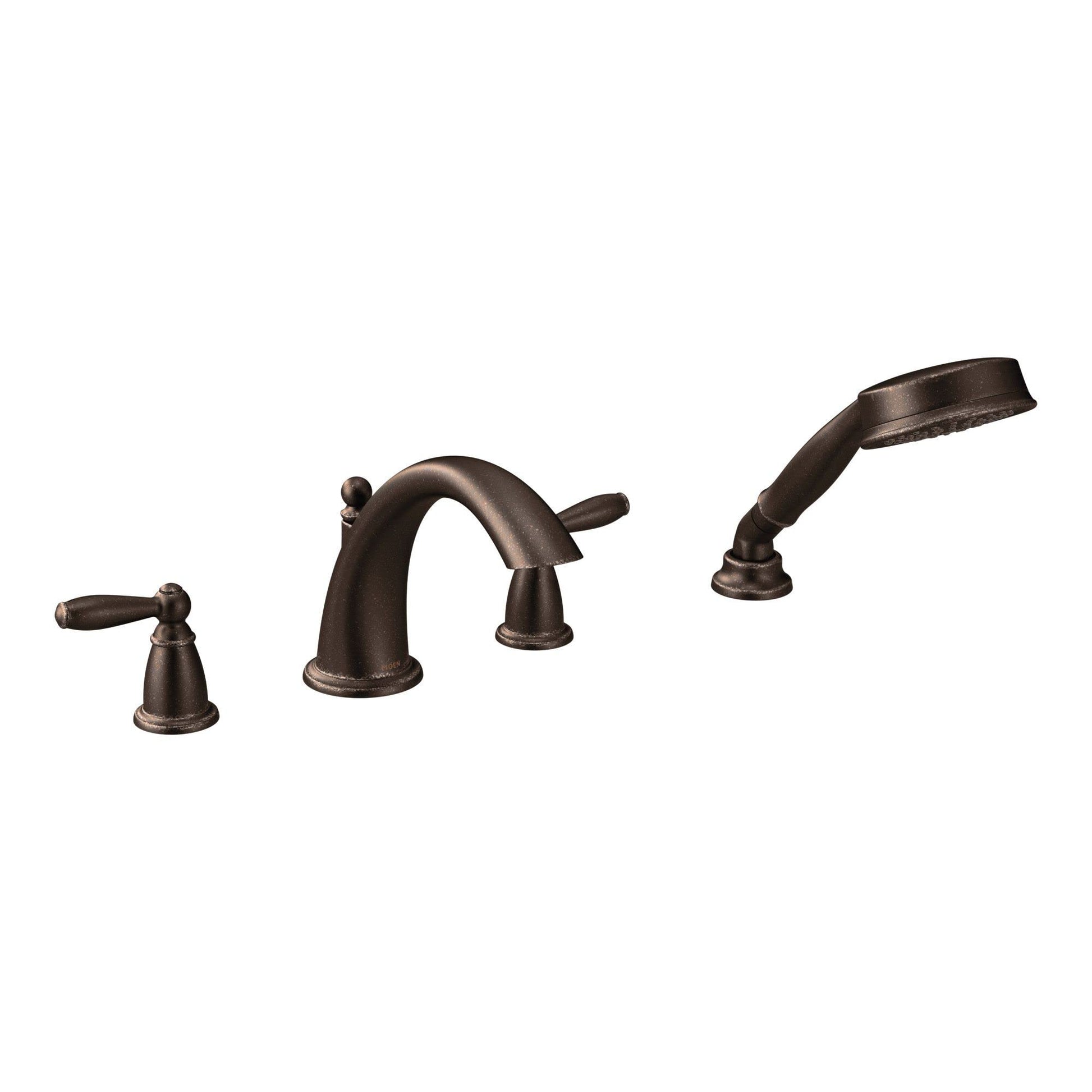Oil rubbed bronze deck mount tub faucet with two handles, curved spout, and detached handshower.
