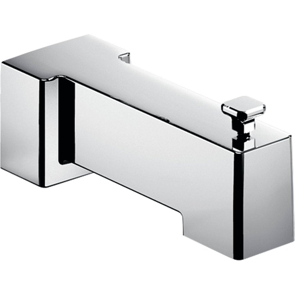 Chrome diverter spout with 90-degree angled outlet and square lever handle for bathtub faucet.