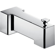 Chrome diverter spout with 90-degree angled outlet and square lever handle for bathtub faucet.