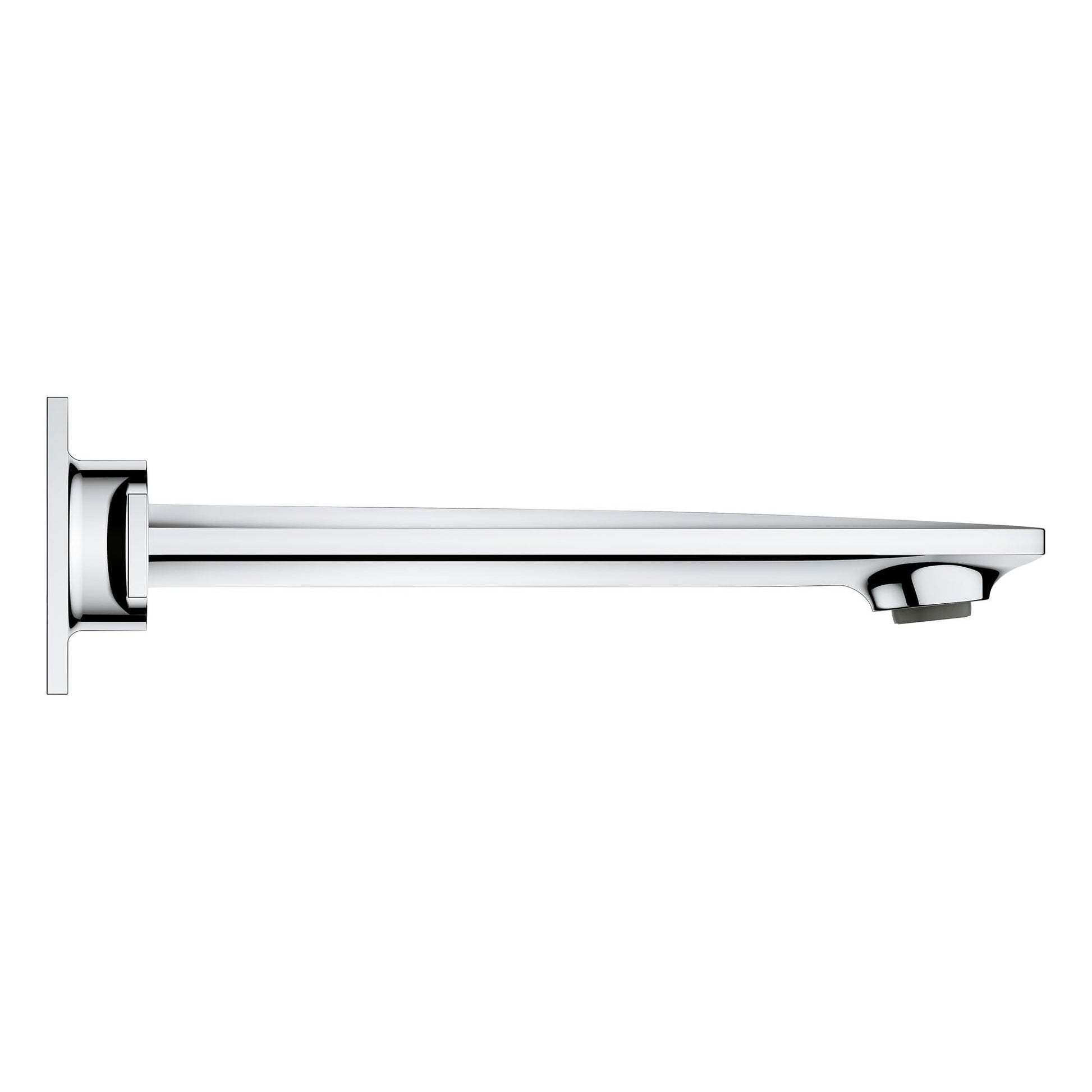 Grohe Allure brushed nickel wall-mounted faucet with single spout and control handle on left side.