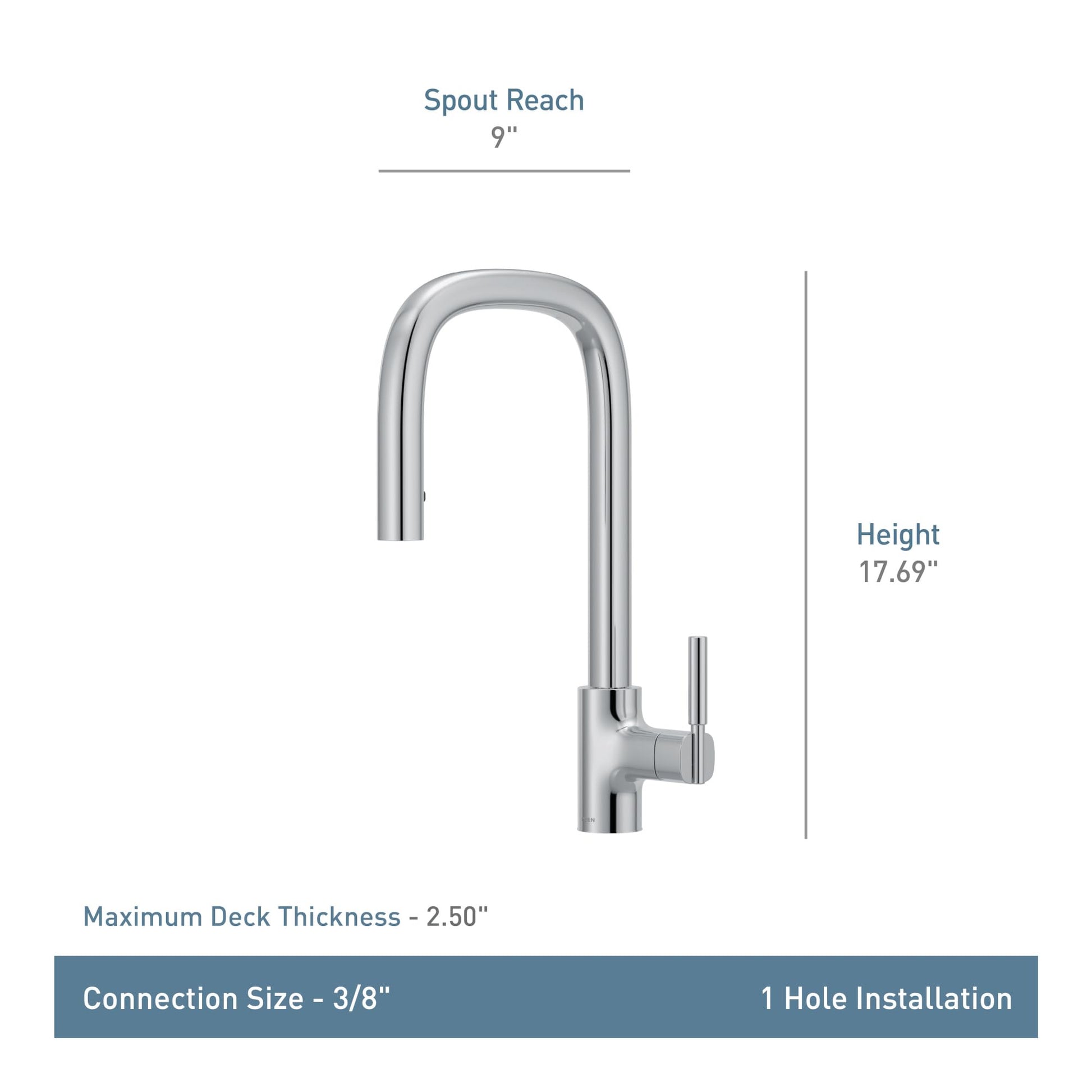Moen Tenon matte black single-handle pulldown kitchen faucet with 9" spout reach and 17.69" height.