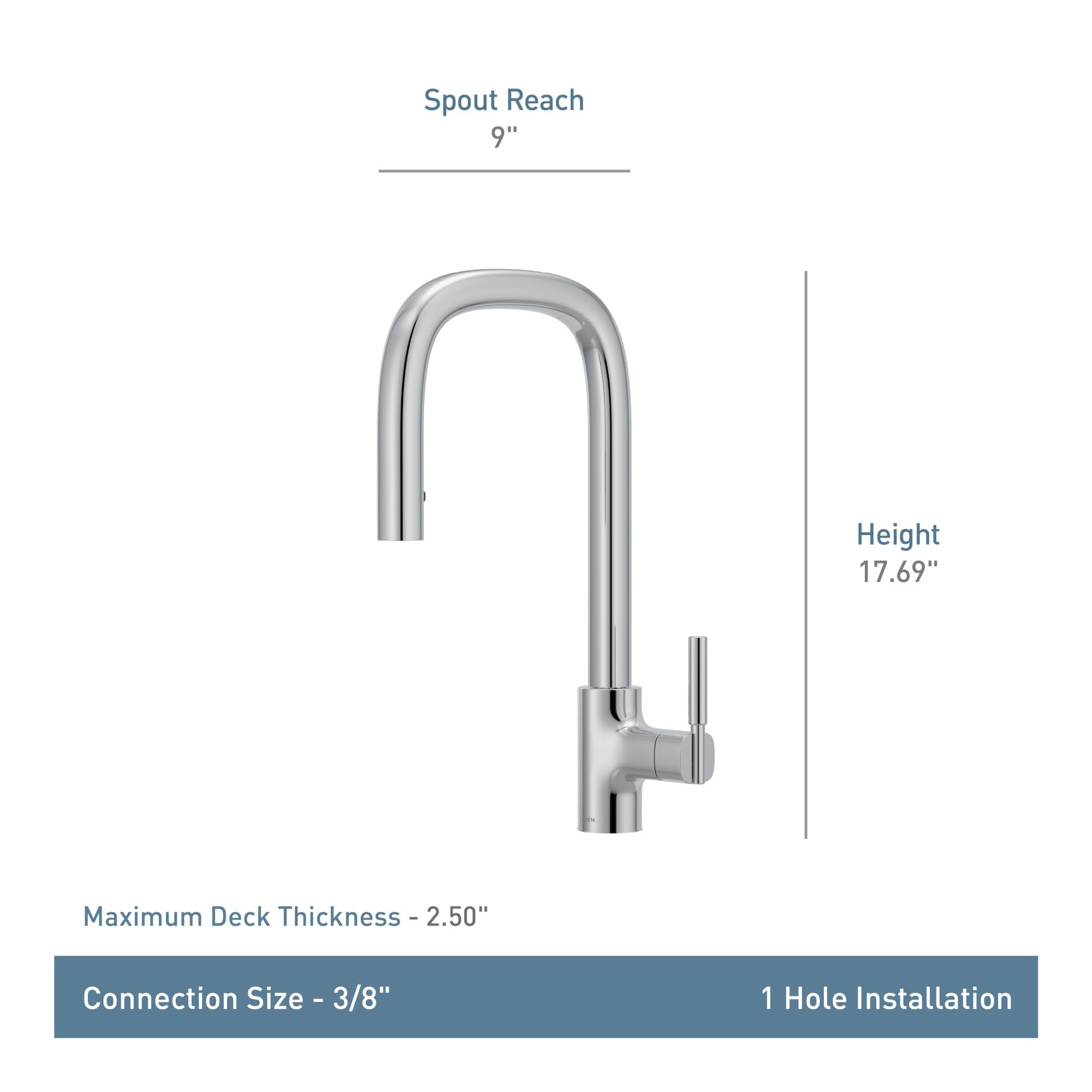 Chrome kitchen faucet with high arching spout, single handle, and pulldown spray head, 17.69 inches tall with 9 inch reach.