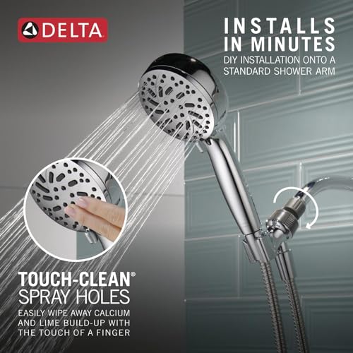 Chrome hand shower with multiple spray holes and rubber nozzles for spray adjustment, shown with water streams.