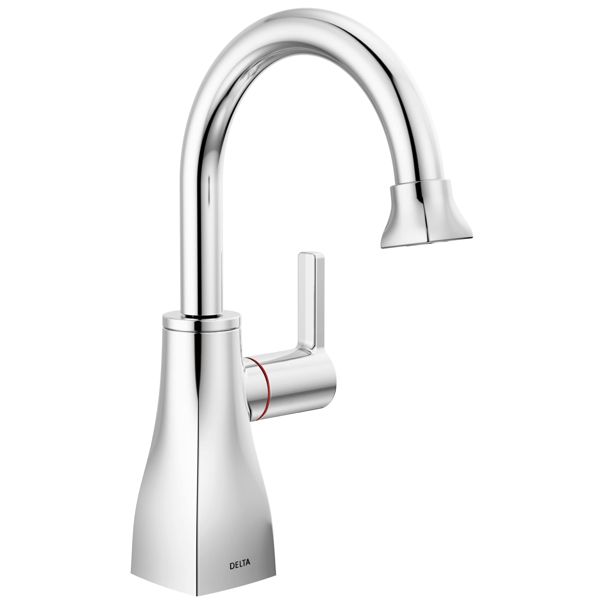 Chrome instant hot water dispenser with curved gooseneck spout, square base, and single lever handle.