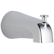 Chrome tub spout with pull-up diverter and curved spout design for bathtub mounting.