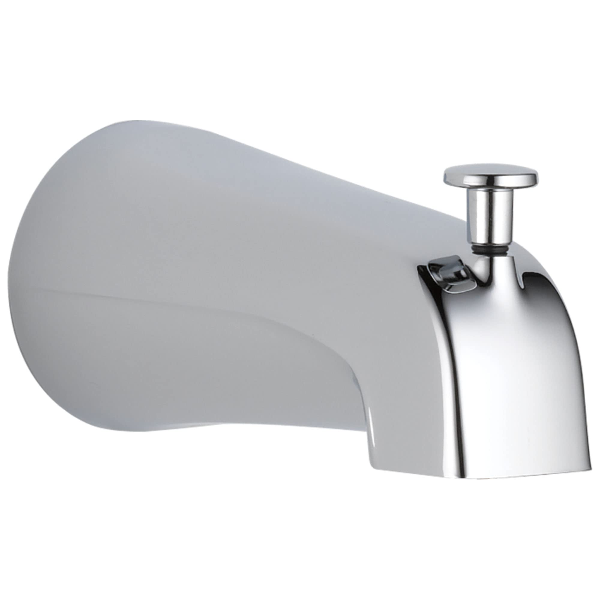 Chrome tub spout with pull-up diverter and curved spout design for bathtub mounting.