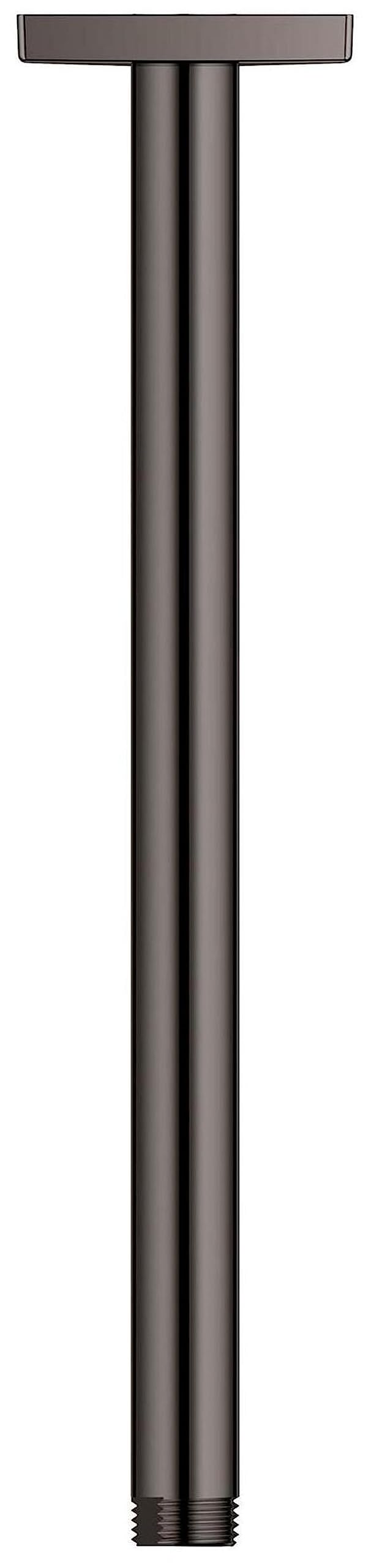 Matte black ceiling shower arm with square flange and threaded connection at bottom.