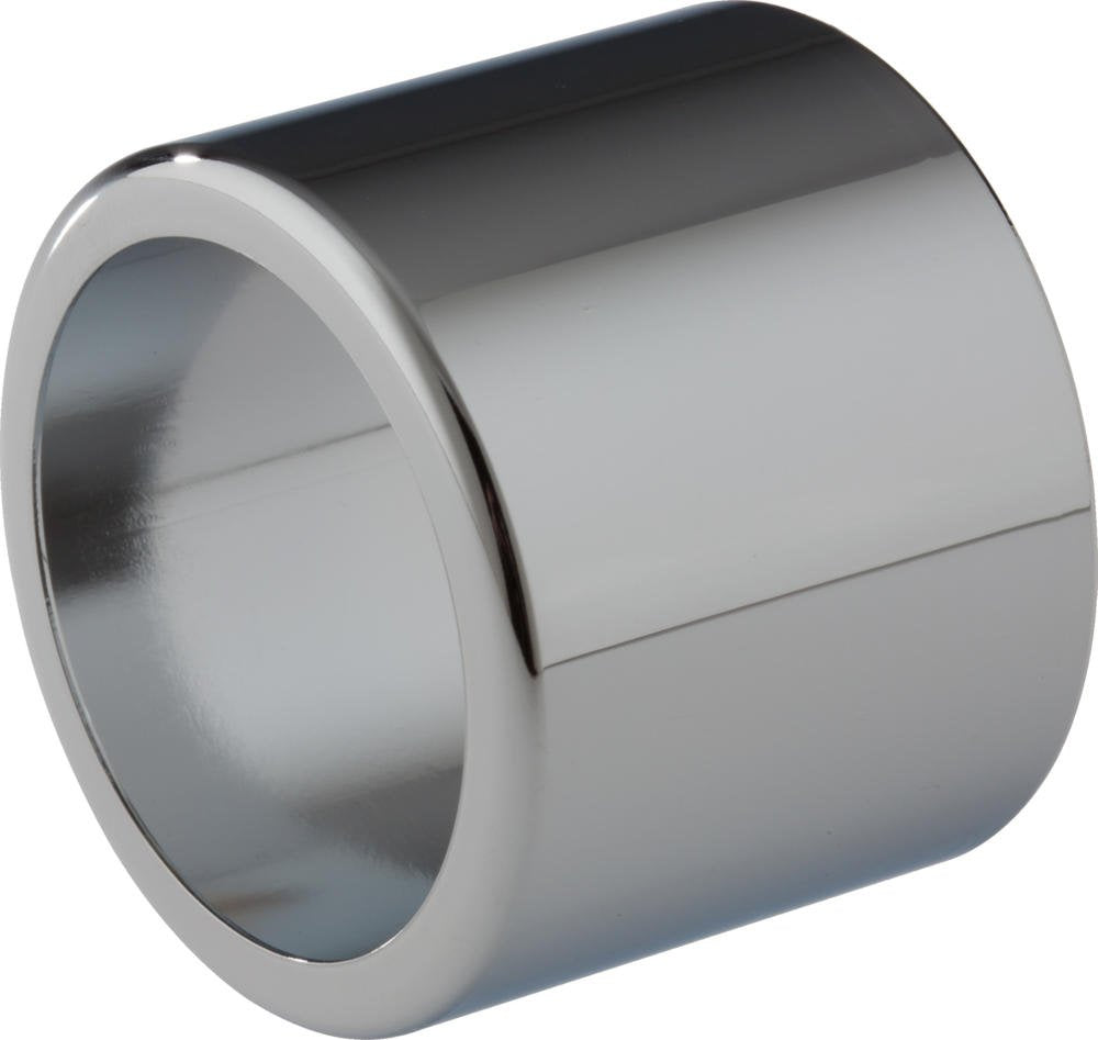 Chrome-finished cylindrical sleeve with hollow center and grooved detail band, shown at angle.