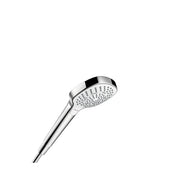 White and chrome handheld showerhead with perforated face and cylindrical handle against white background.