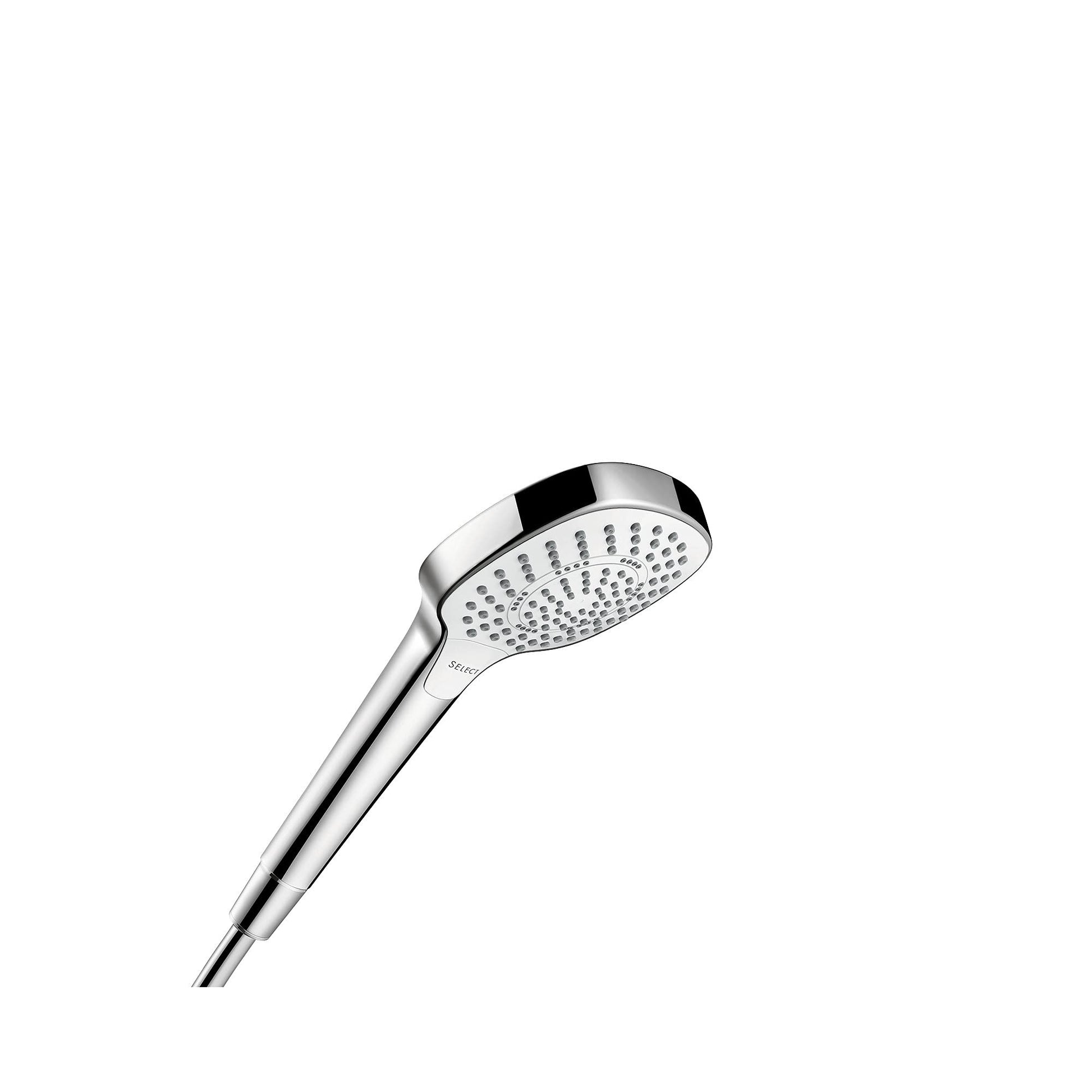 White and chrome handheld showerhead with perforated face and cylindrical handle against white background.