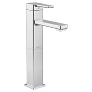 Chrome single-hole vessel sink faucet with angular spout and single lever handle on tall square body.