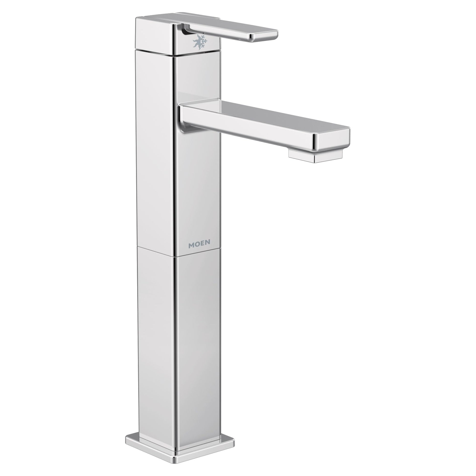 Chrome single-hole vessel sink faucet with angular spout and single lever handle on tall square body.