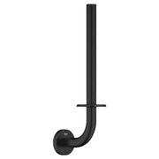 Matte black double toilet paper holder with curved vertical mount and wall-mounted circular base.