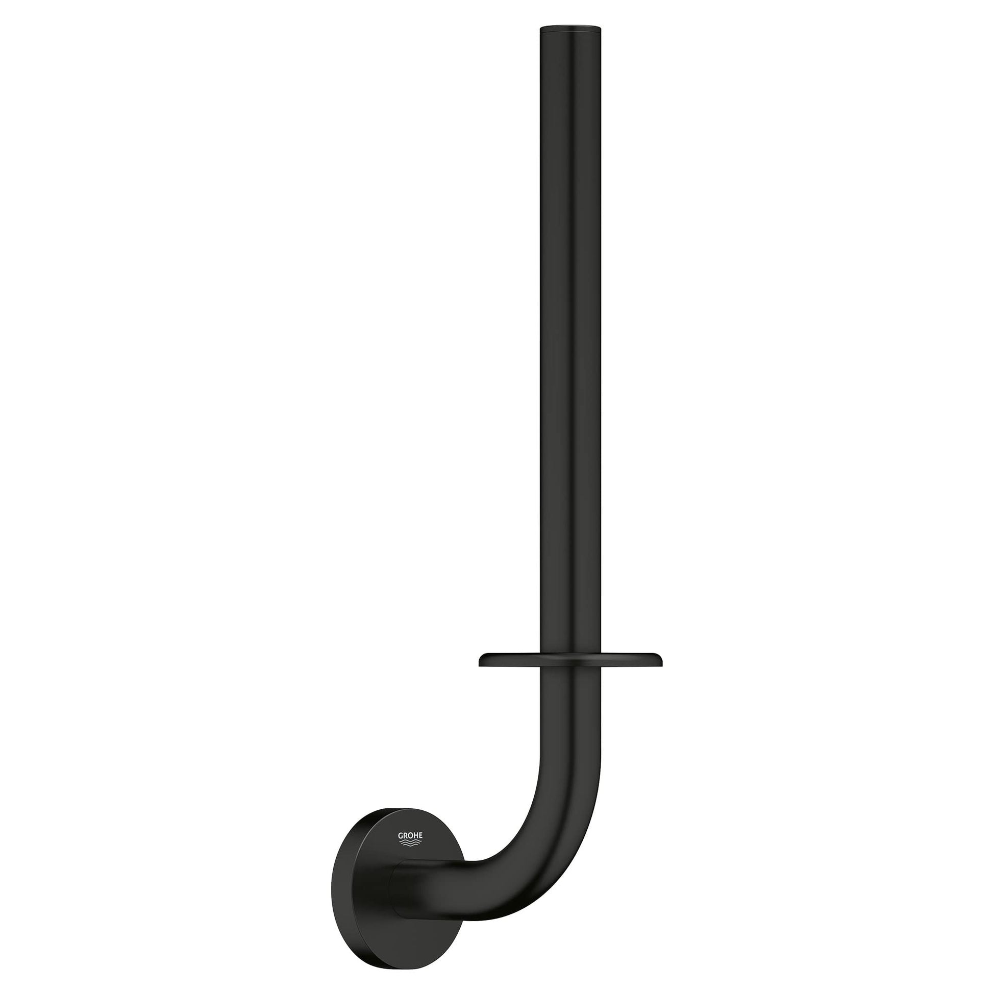 Matte black double toilet paper holder with curved vertical mount and wall-mounted circular base.