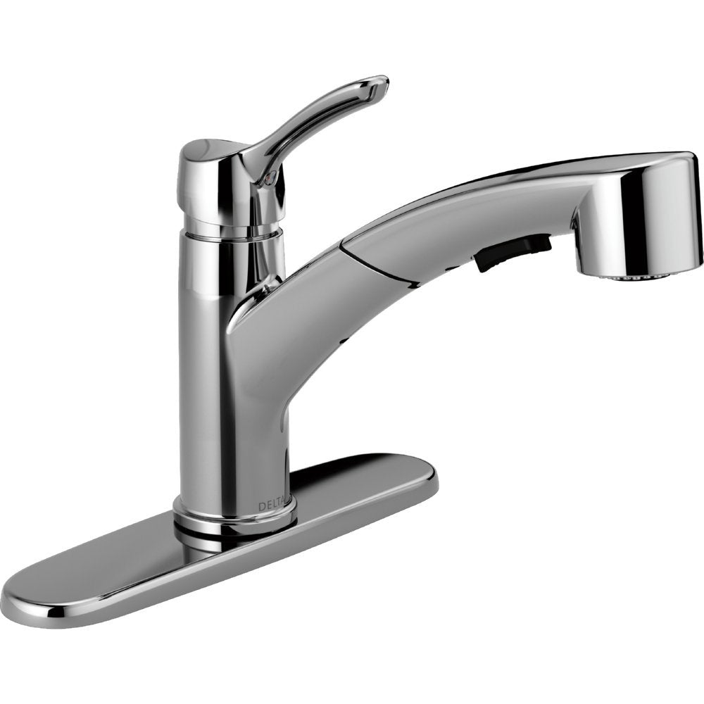 Chrome kitchen faucet with single handle and pull-out spray head mounted on rectangular base plate.