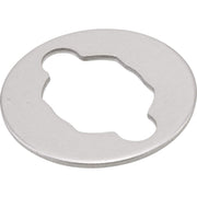 Chrome-finish round washer with curved cutout opening for Roman tub spout installation.