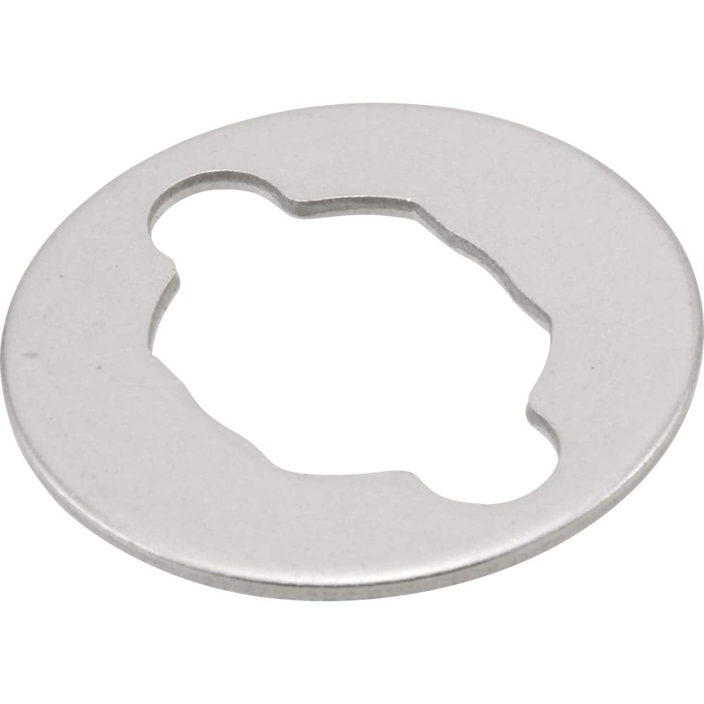 Chrome-finish round washer with curved cutout opening for Roman tub spout installation.