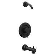 Matte black tub and shower trim kit with wall-mounted control valve, curved arm spout, and straight tub spout.