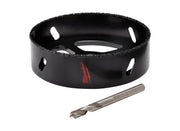 Black cylindrical hole saw with serrated edge, center drill bit, and Milwaukee branding on side.