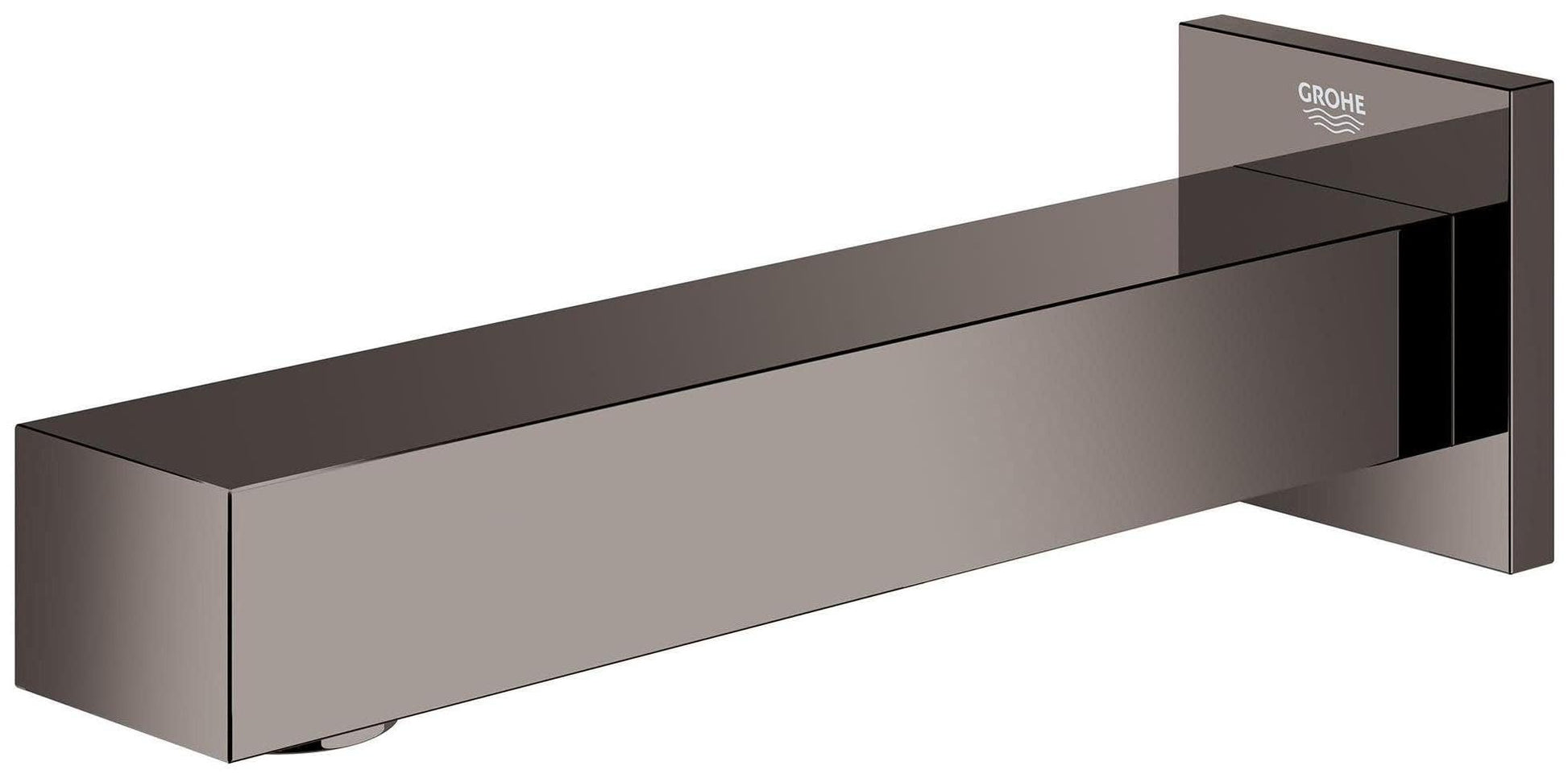 Matte black rectangular tub spout with wall-mounted square escutcheon and Grohe branding.