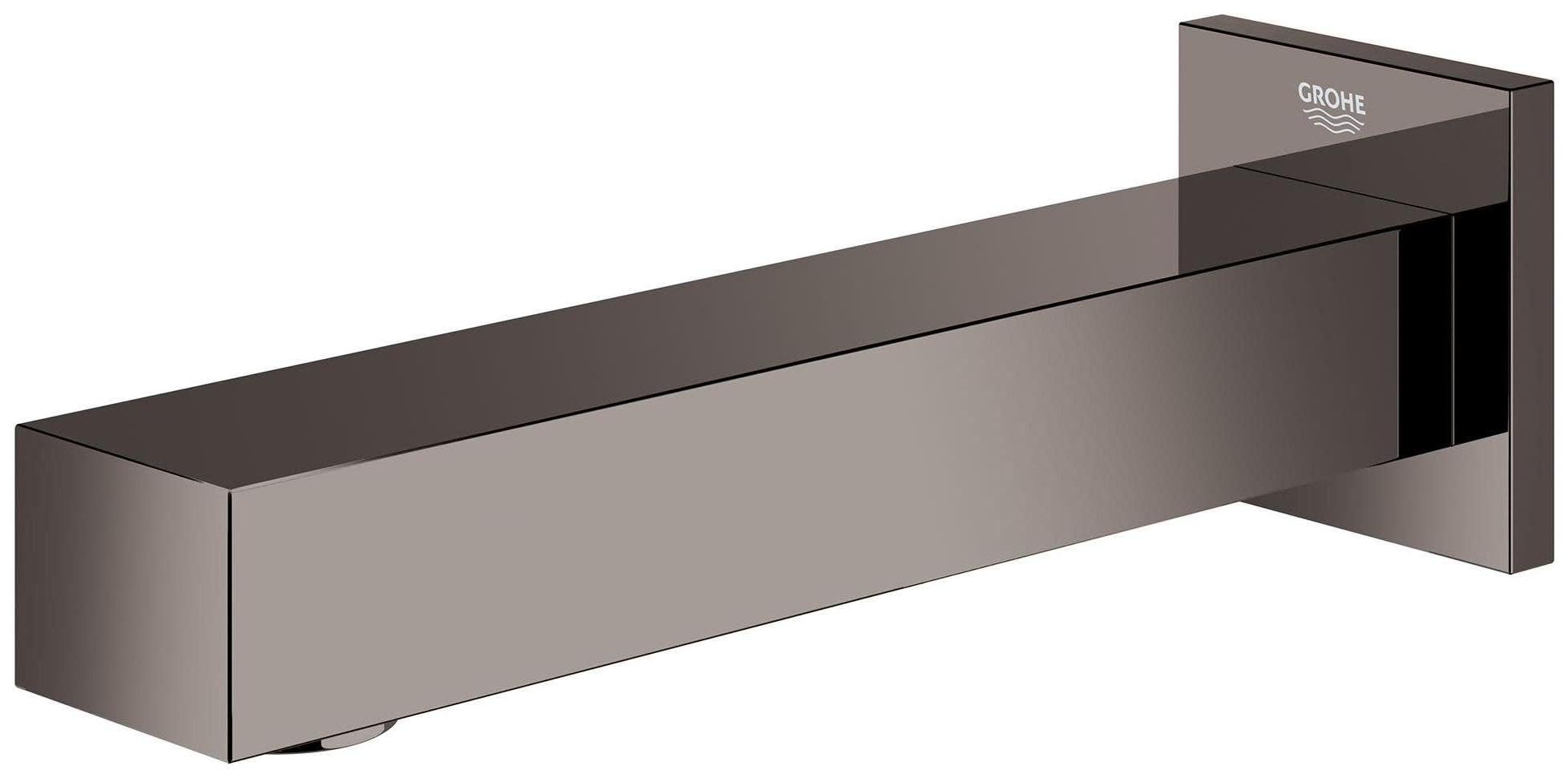Matte black rectangular tub spout with wall-mounted square escutcheon and Grohe branding.