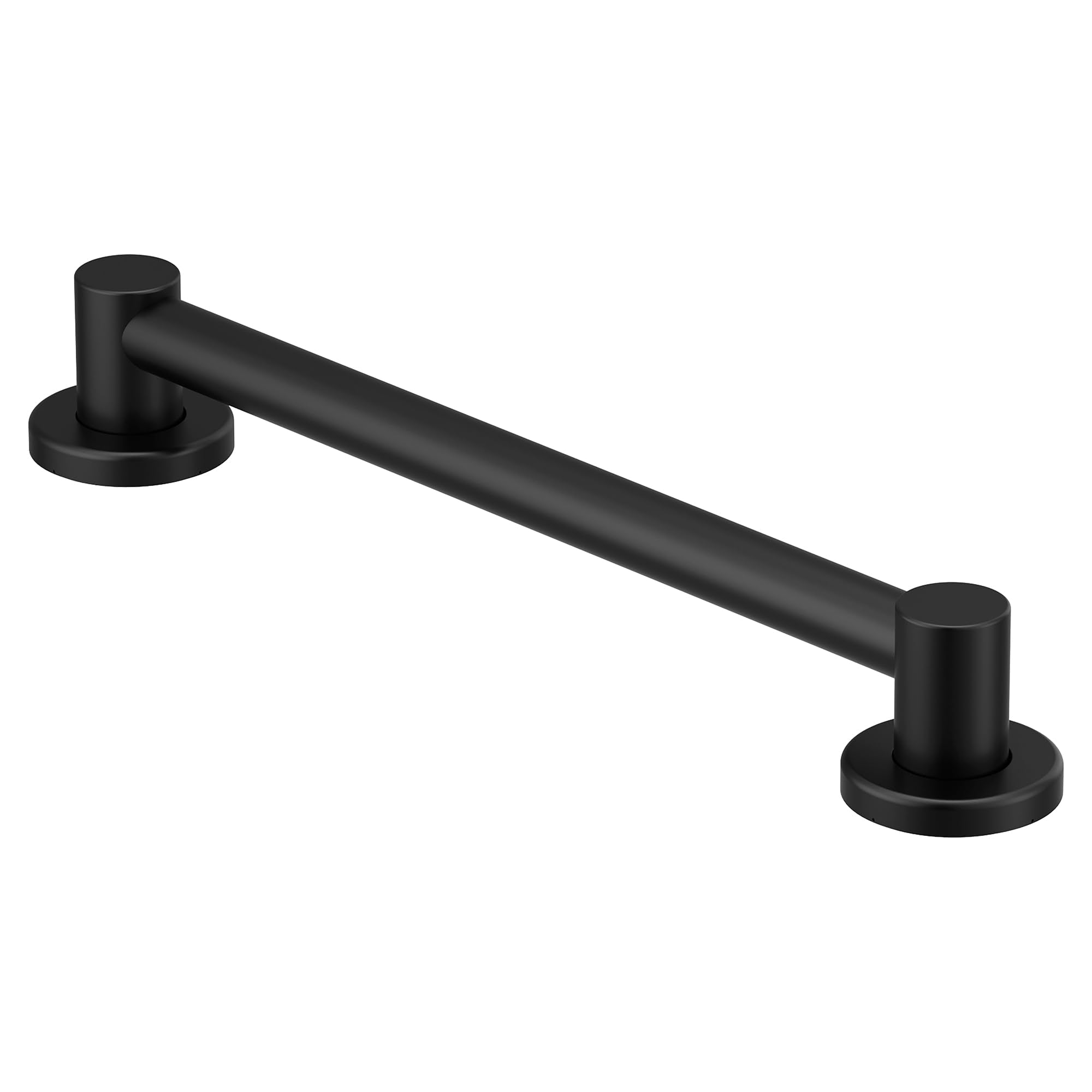 Matte black cylindrical grab bar with round wall-mounted flanges at each end.