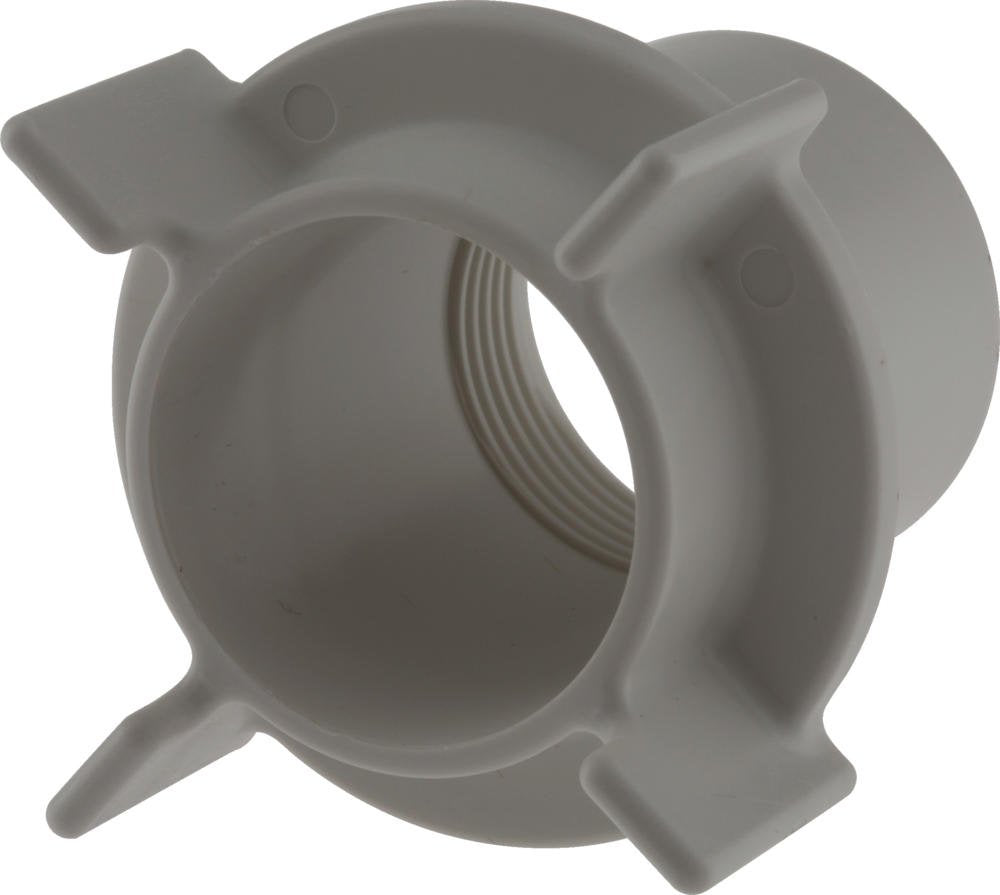 Gray plastic mounting bracket with threaded interior hole and four protruding attachment points.