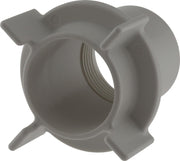 Gray plastic mounting bracket with threaded interior hole and four protruding attachment points.