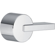 Chrome metal lever handle with cylindrical rosette for faucet or valve installation.