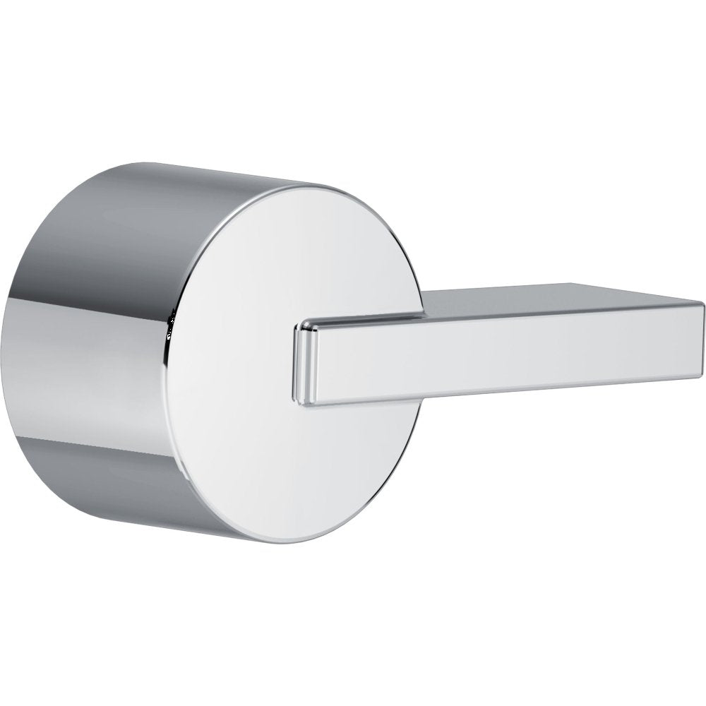 Chrome metal lever handle with cylindrical rosette for faucet or valve installation.