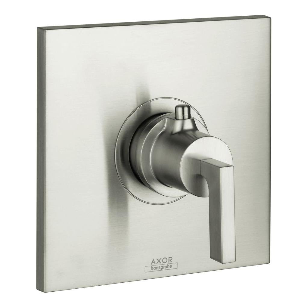 Brushed nickel thermostatic shower trim with rectangular lever handle mounted on square escutcheon plate.
