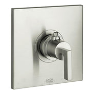Brushed nickel thermostatic shower trim with rectangular lever handle mounted on square escutcheon plate.