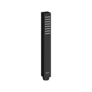 Matte black stick hand shower with square profile and multiple spray jets across upper section.