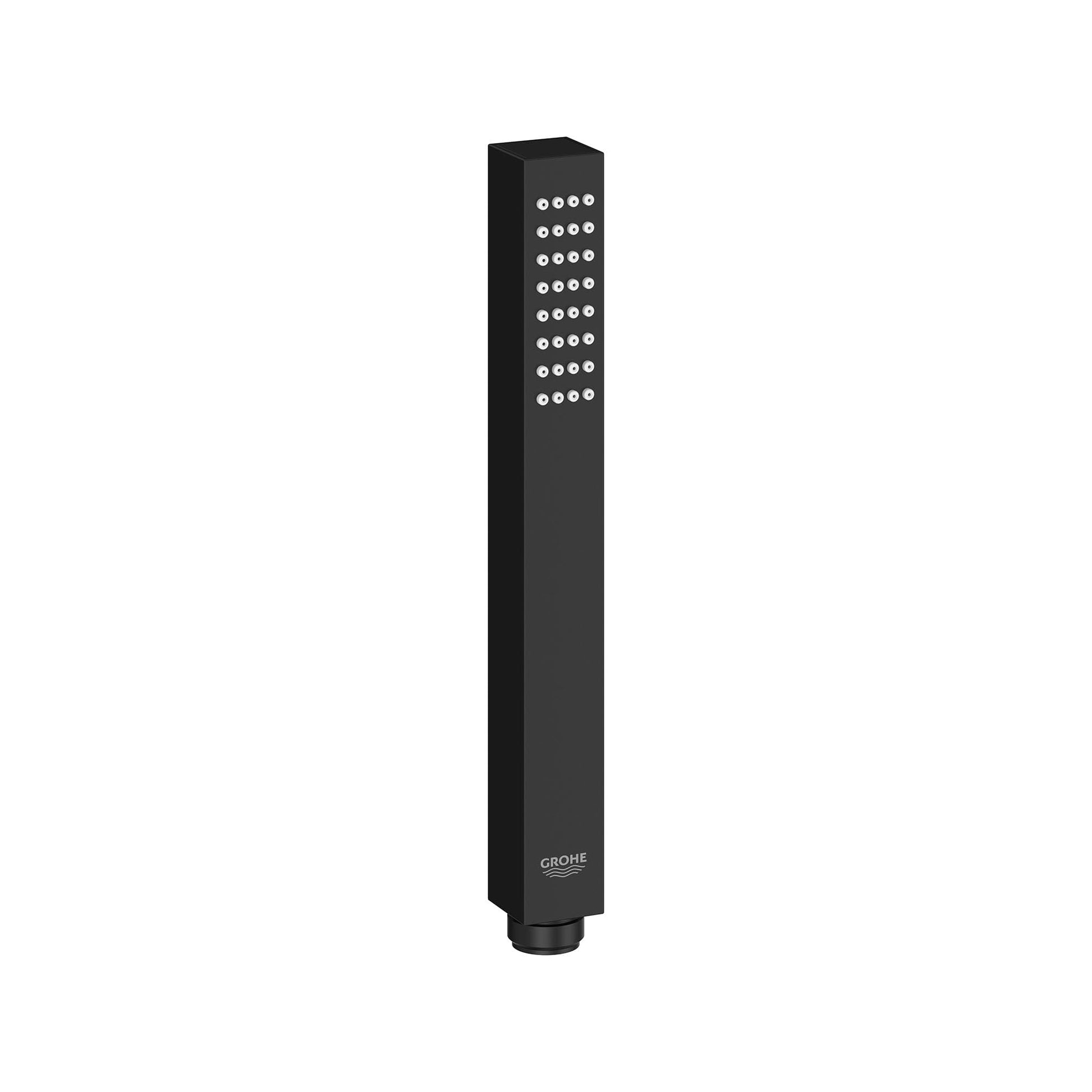 Matte black stick hand shower with square profile and multiple spray jets across upper section.