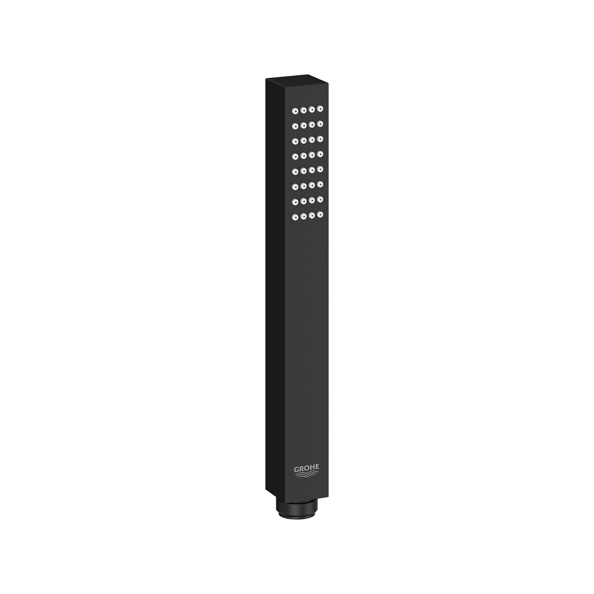 Matte black stick hand shower with square profile and multiple spray jets across upper section.