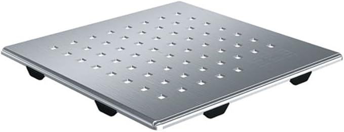 Square stainless steel drain cover with perforated surface and four rubber feet for sink installation.