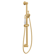 Brushed gold handheld shower system with slide bar, metal hose, and showerhead on white background.