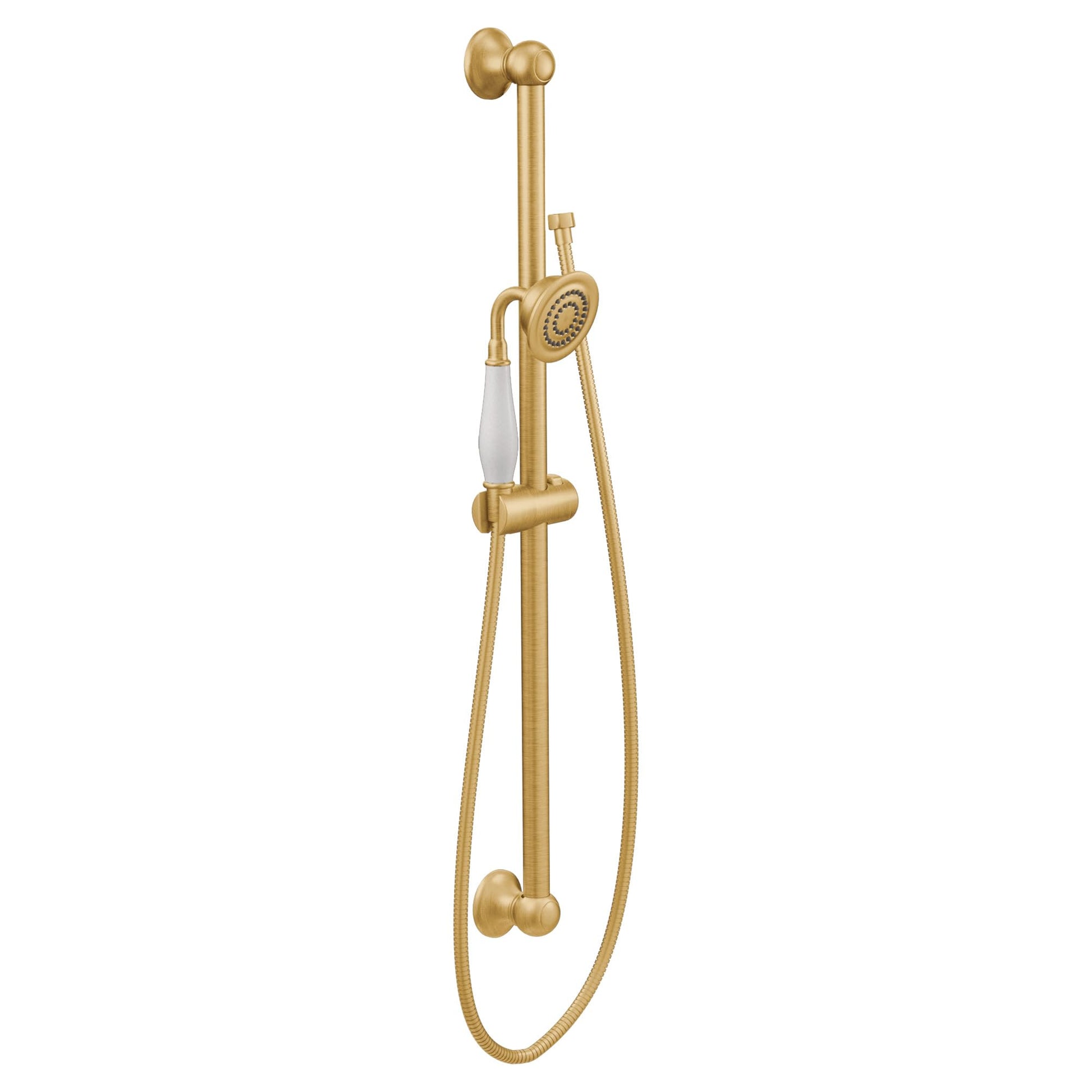Brushed gold handheld shower system with slide bar, metal hose, and showerhead on white background.