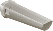 Stainless steel tub spout with diverter lever and brushed metal finish in angled position.