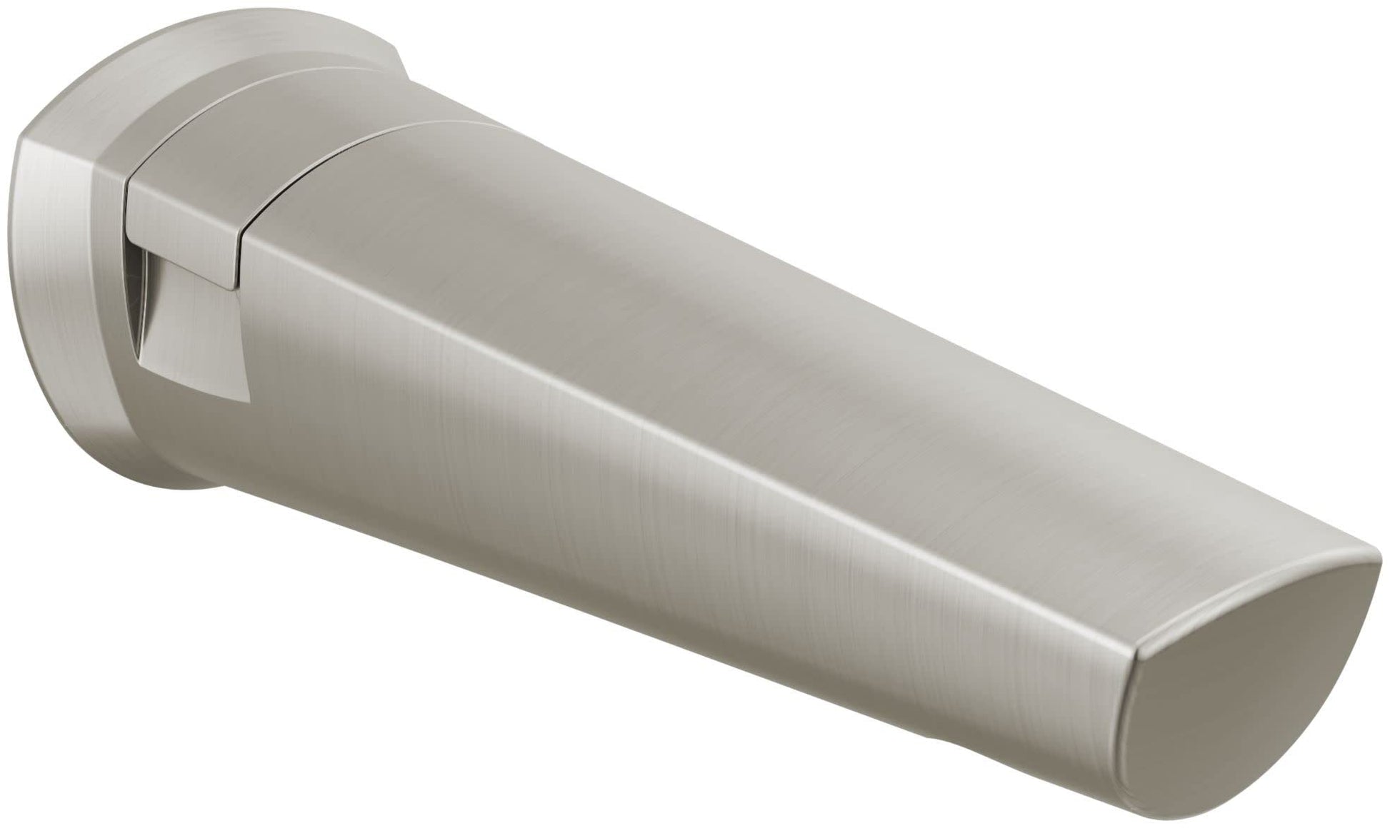 Stainless steel tub spout with diverter lever and brushed metal finish in angled position.
