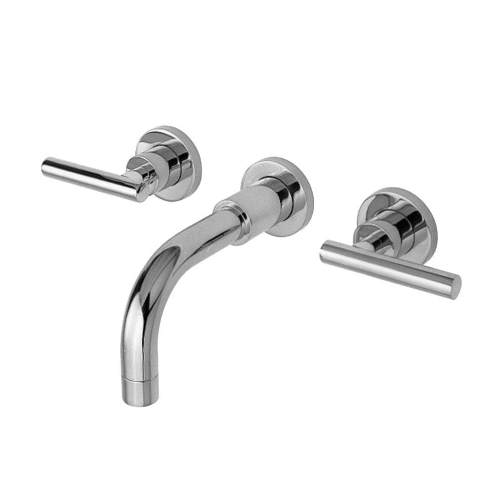 Satin nickel wall-mount bathroom faucet with curved spout and two lever handles on circular rosettes.